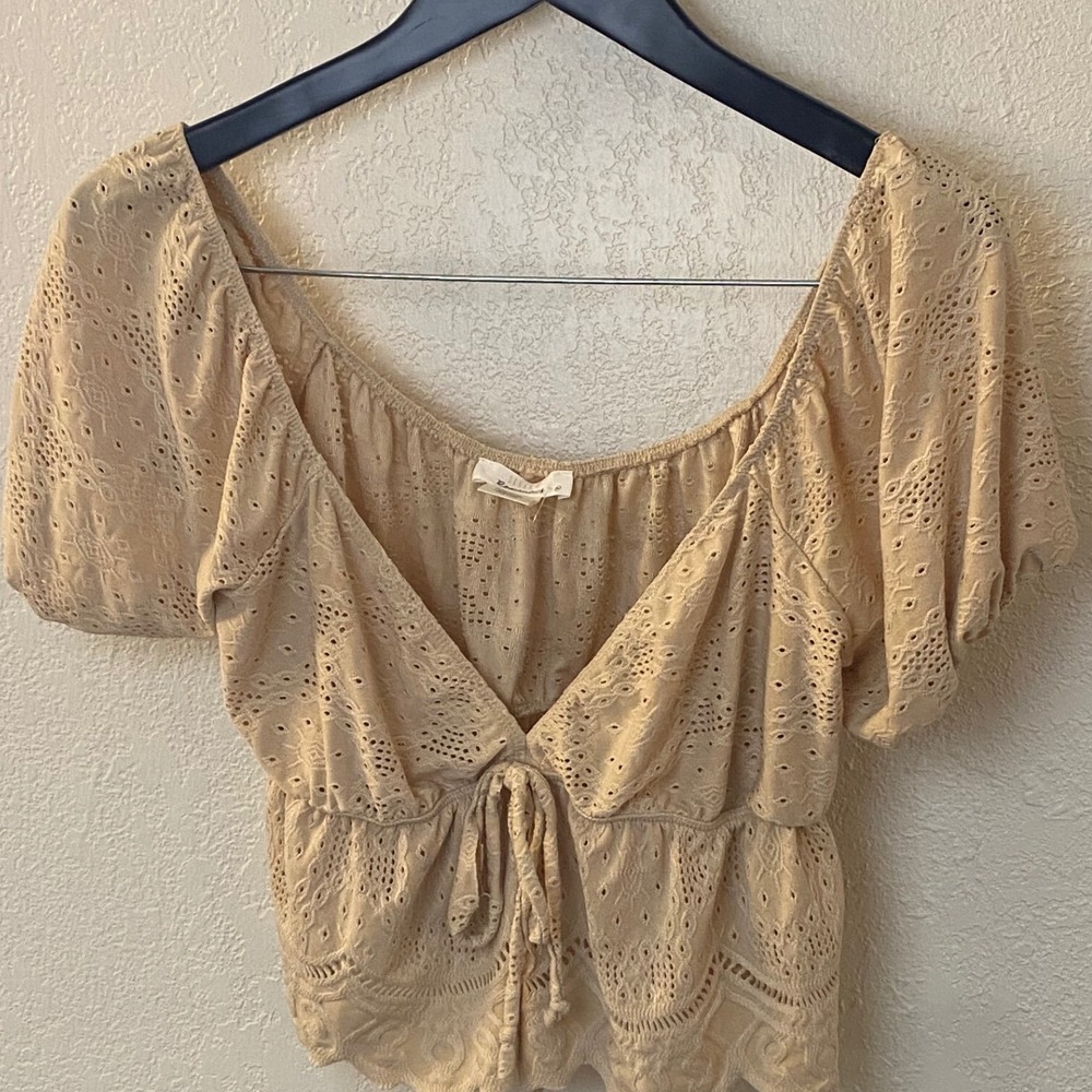 Urban Romantic Eyelet Crop Top Tie Front Blouse Puff Sleeve‎ Babydoll Beige S